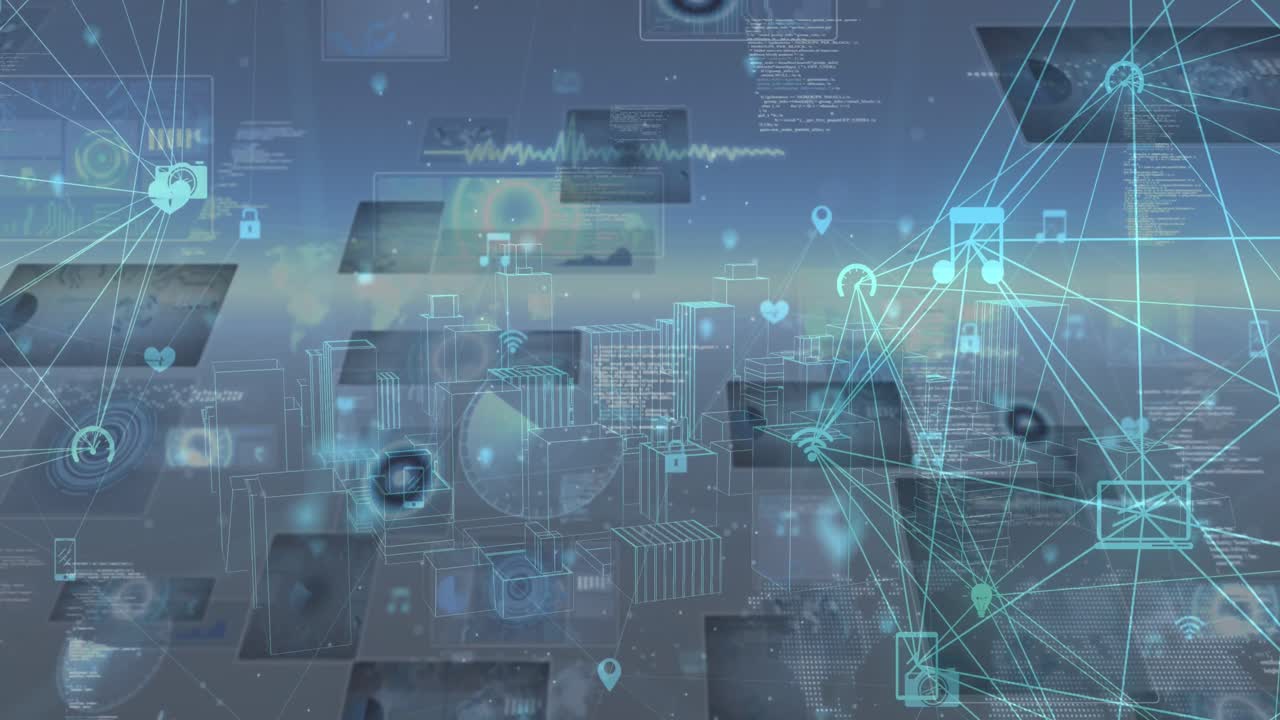 Animation of network of connections with icons over data processing and cityscape