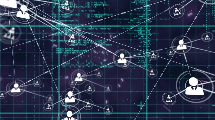 Animation of digital profile icons interconnecting with lines over computer language on grid pattern