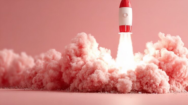 A Vibrant Rocket Launching Through Colorful Pink Clouds in a Whimsical and Dreamy Setting, Evoking Imagination and Exploration