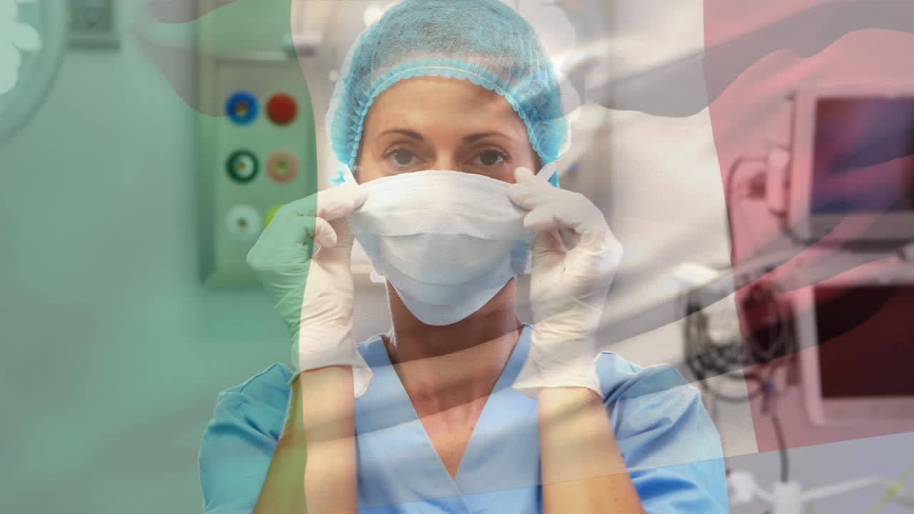 animación de la bandera de italia ondeando sobre una cirujana en el quirófano