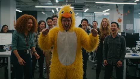 in a vibrant office space, a person in a fluffy yellow duck costume celebrates joyfully surrounded by a group of enthusiastic colleagues, all sharing smiles and excitement