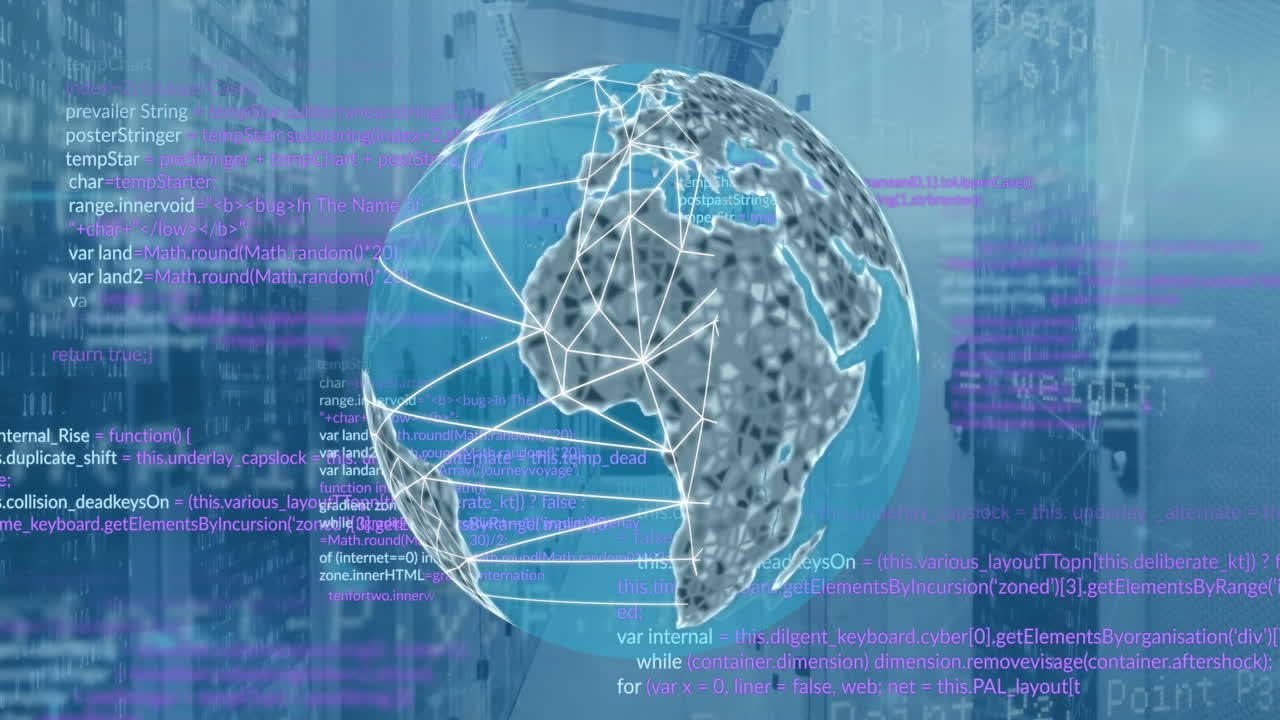 Animation of lines on globe with computer language over binary codes on data server racks