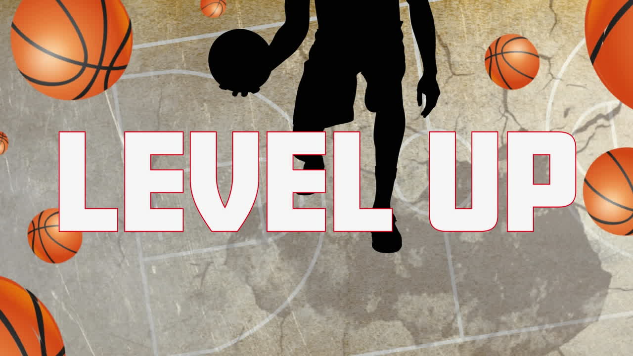 Animation of words level up over silhouetted male basketball player and basketballs over court