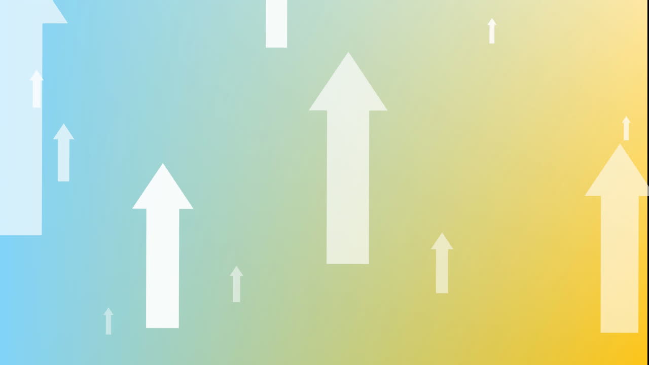 파란색과 노란색 그라디언트 배경에 떠다니는 여러 화살표 아이콘의 애니메이션