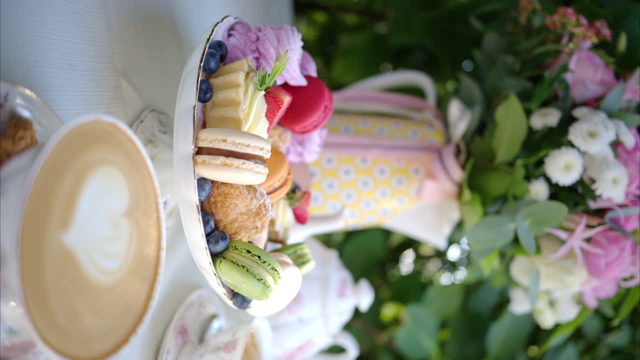 Composition with flowers, macaroons sweets desert and coffee and tea