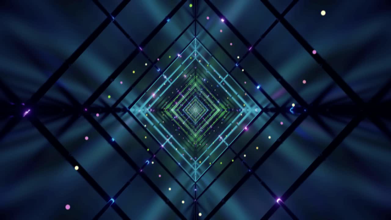 Bright neon lights create a tunnel effect with moving patterns in a vibrant display. This visual loop features colorful lights and geometric designs throughout the scene