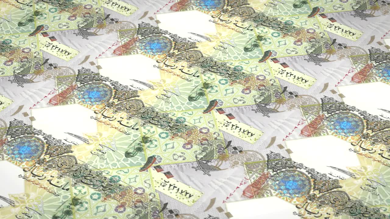 Banknotes of one hundred Qatari riyal of Qatar, cash money, loop