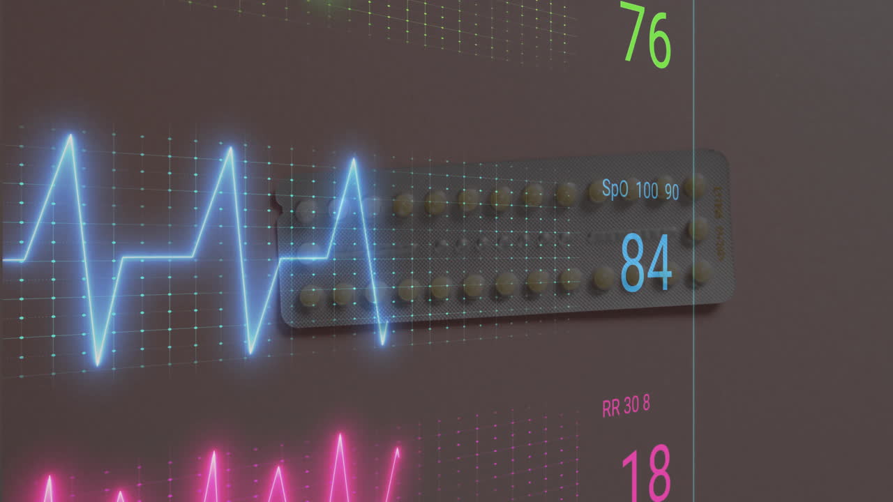 Animation of data and cardiographs over pills