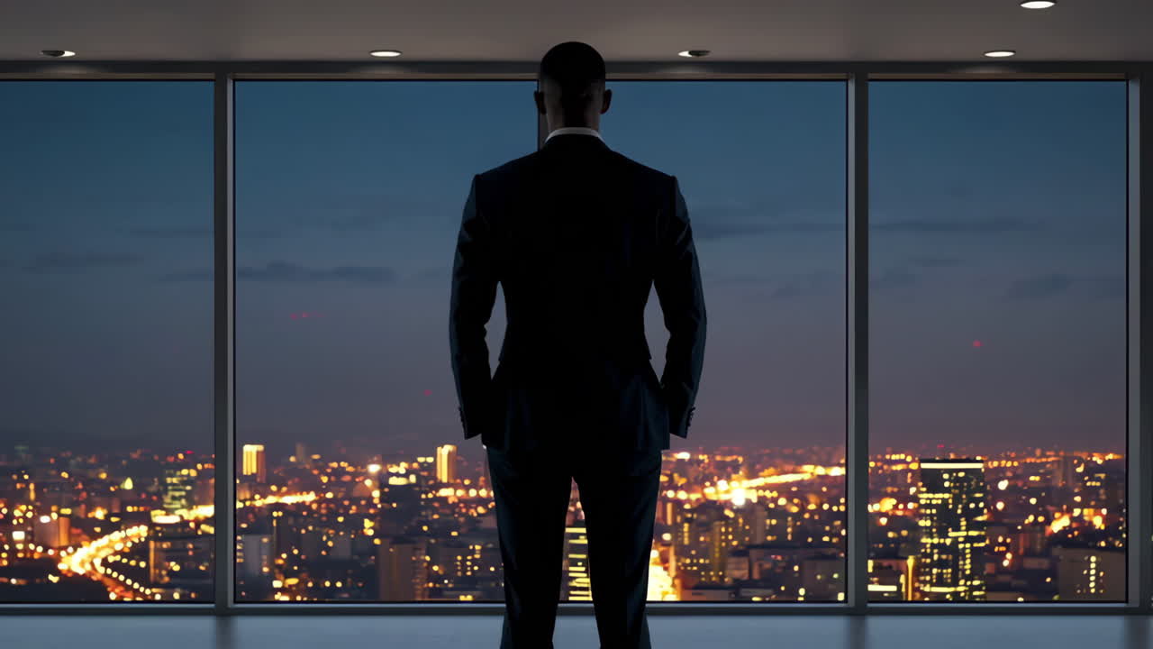 Businessman overlooking city lights at night from a high-rise office