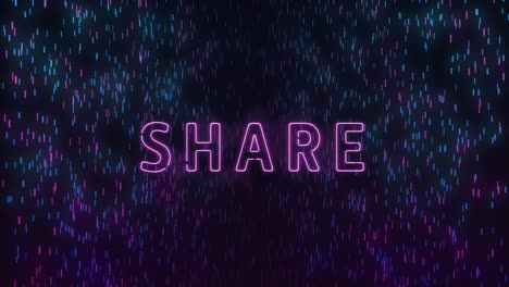 animación de texto de compartición sobre puntos de luz en fondo negro.