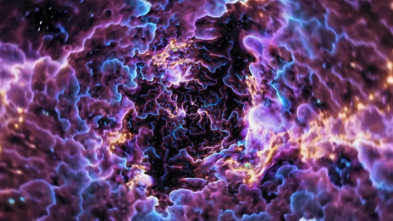 A mesmerizing, cosmic tunnel with swirling purple and blue clouds, captured from a first-person