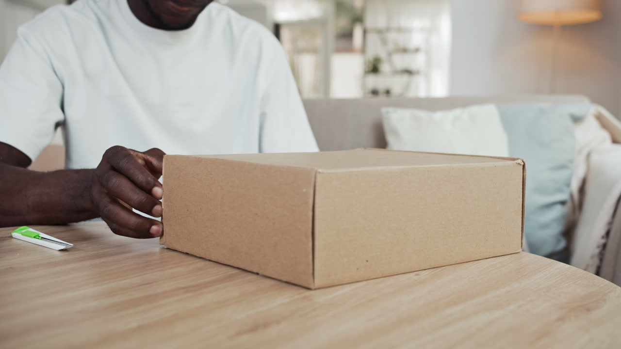 Cheerful Black Man Being Glad about Getting New Pair of Shoes as Parcel