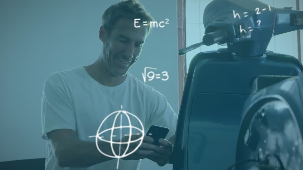 Man on phone smilling with motorbike over mathematical equations.