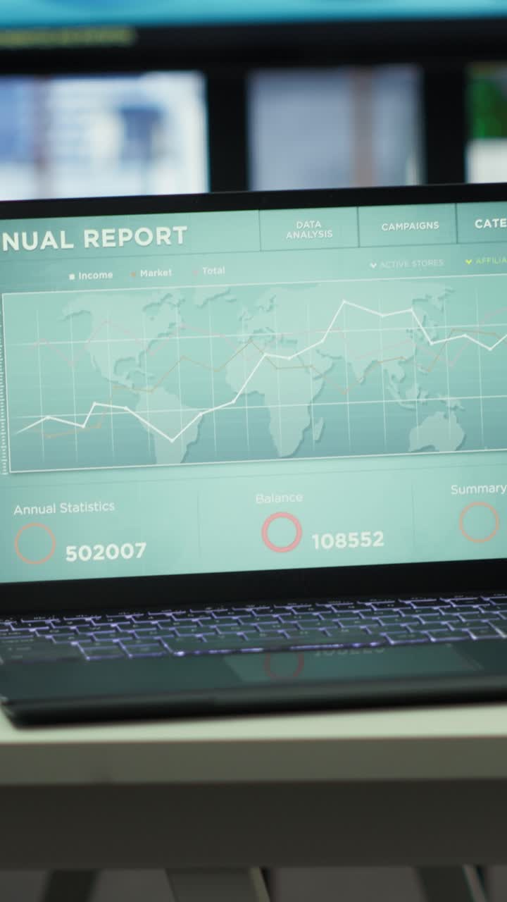 Vertical Video High end business office with a computer displaying detailed analytics