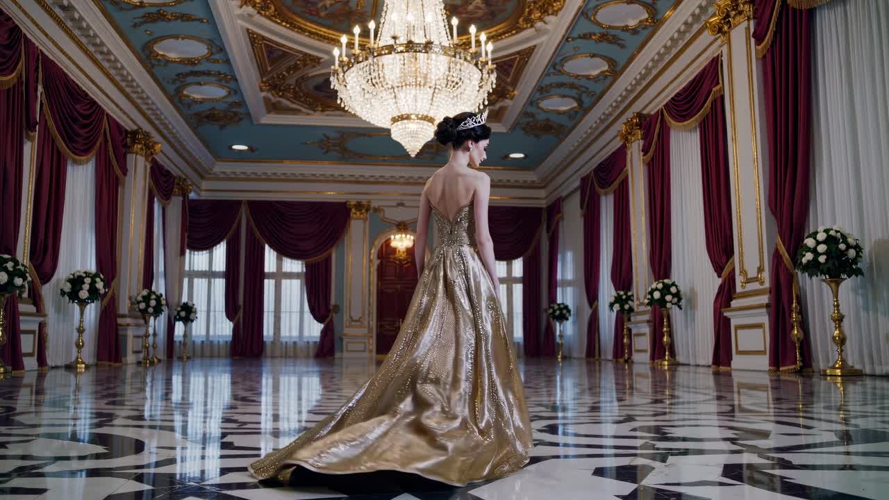 A regal woman in an opulent ballroom, wearing a crown and gown