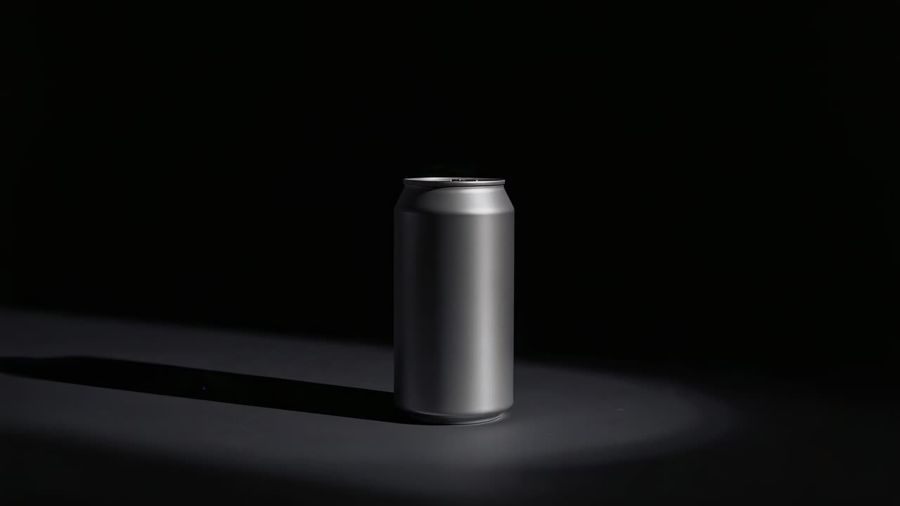 Turntable starting rotation spinning silver aluminum can in studio, with spotlight reflections