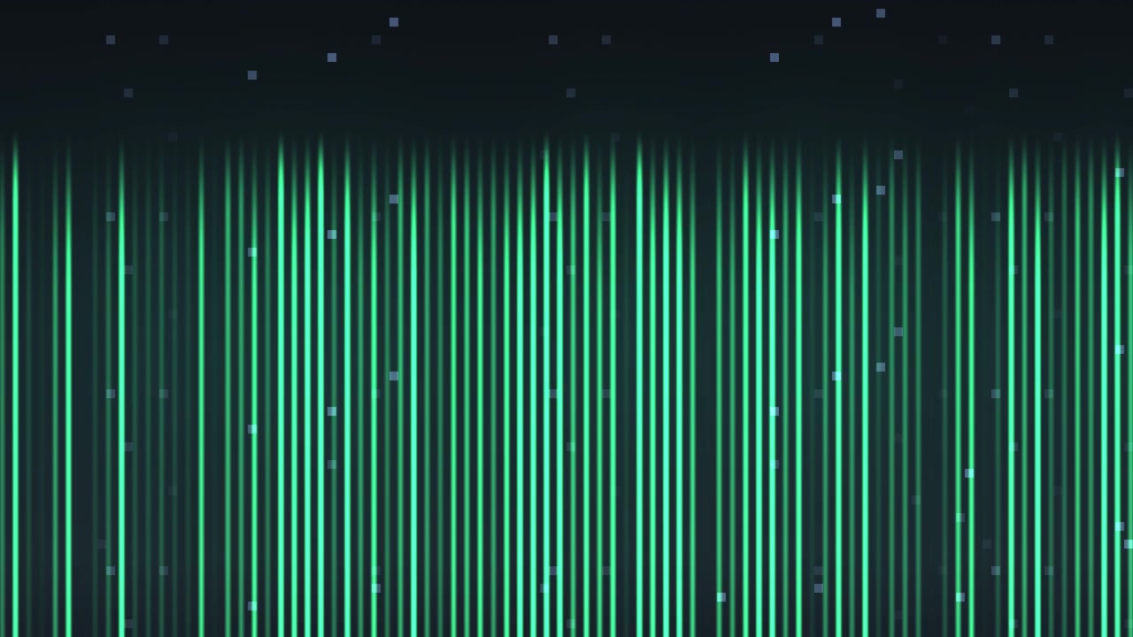 Green lines move up and down creating a wave pattern against a dark background. Light dots appear intermittently, adding texture to the overall visual effect