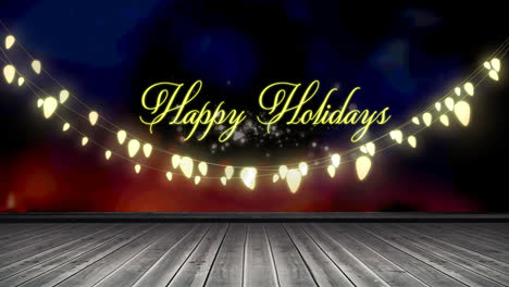 Happy-holidays-text-and-glowing-yellow-fairy-light-decoration-hanging-over-wooden-plank