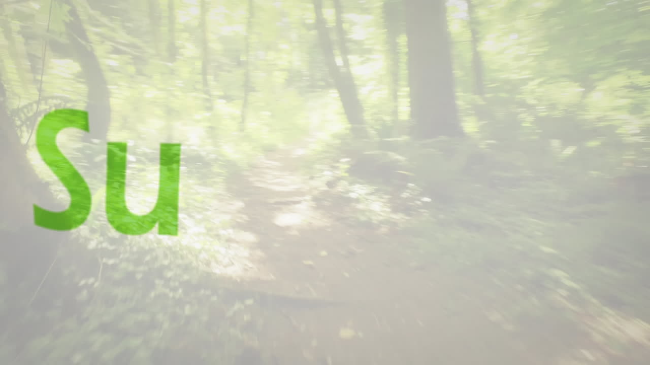 재생 가능 에너지 보존 개념 텍스트의 디지털 애니메이션은 숲을 배경으로합니다.