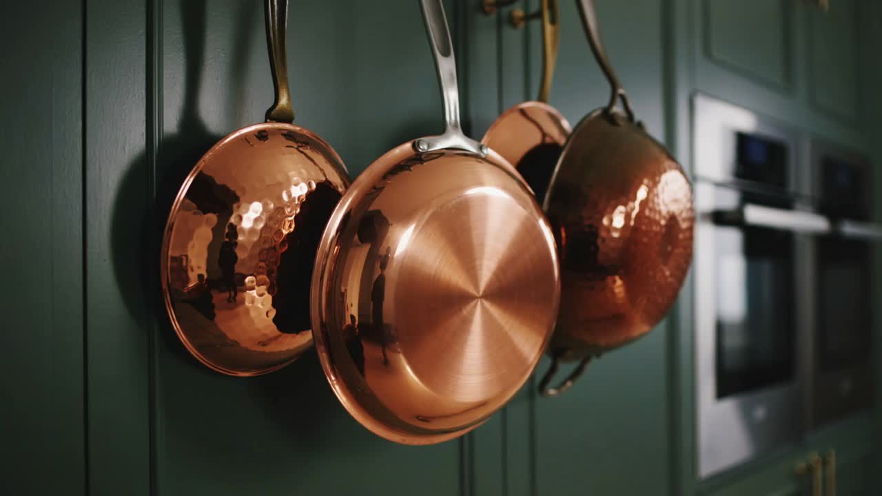 Gliding camera revealing three copper pans hanging on deep green paneled cabinet, showing ovens