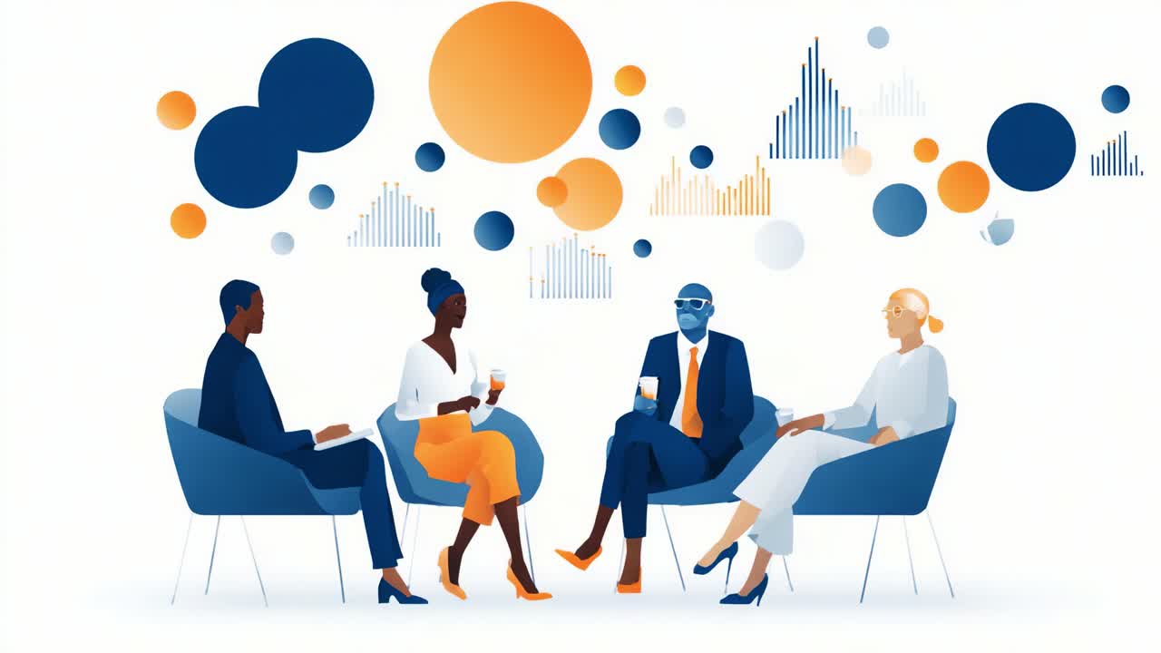 Engagerande gruppdiskussion: En mångfaldig samling av individer som delar idéer och insikter mitt i en livfull och abstrakt bakgrund fylld med färgstarka former och datamönster
