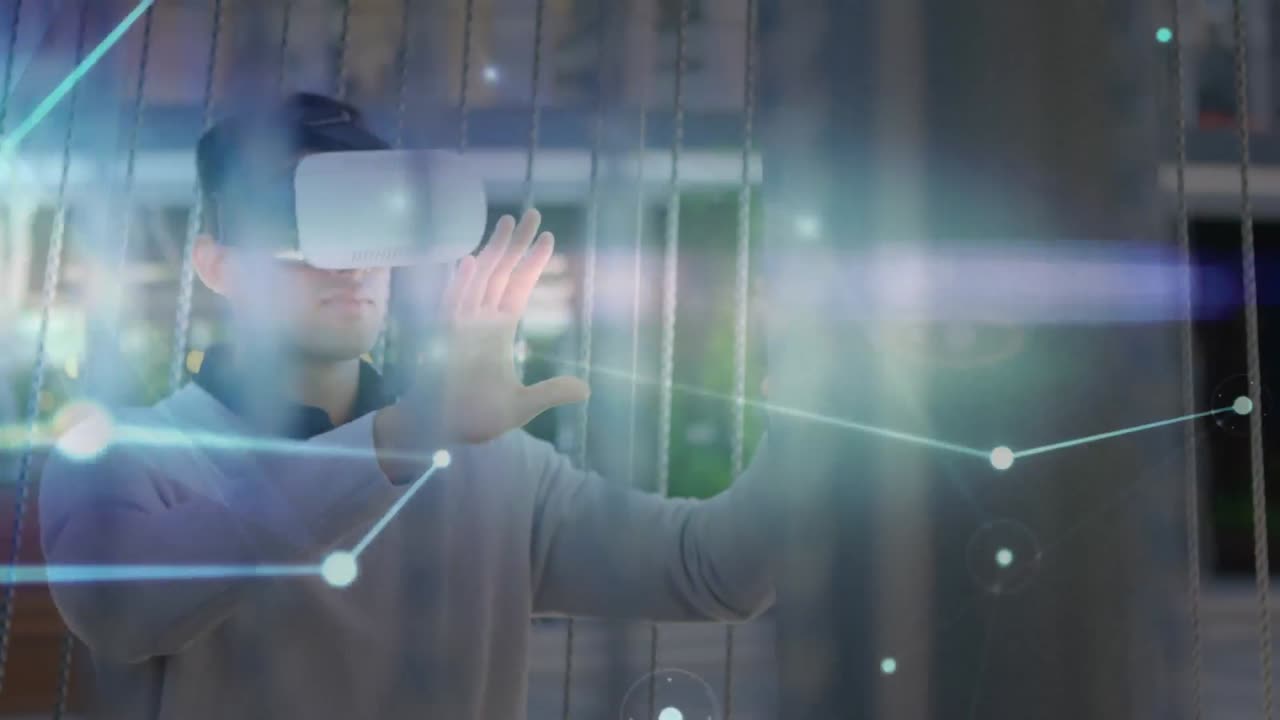 animación de la red de conexiones sobre el hombre de negocios que usa auriculares vr