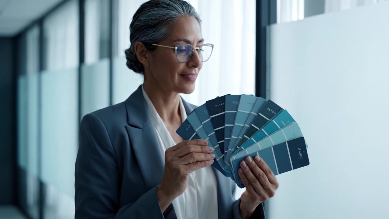 Professional woman in business attire examining documents with focused expression, conveying concentration and diligence in an office environment.