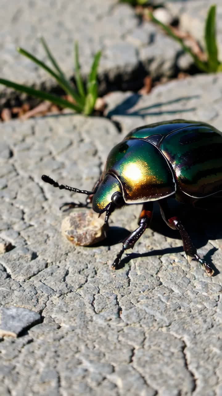 Close-up of a Golden Green Beetle on a Stone Surface