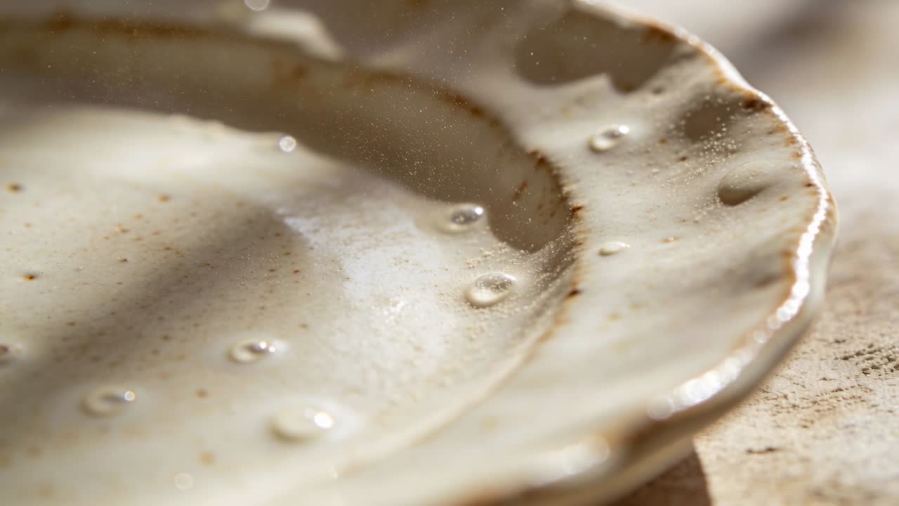 La mise au point s'ajuste, la caméra révélant une assiette émaillée à bord festonné sur une table, montrant des gouttelettes et de la poussière.