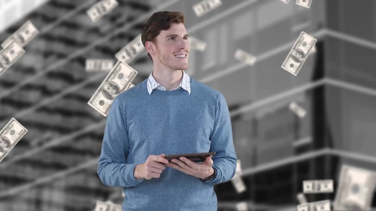 анимация американских долларовых купюр, плавающих над кавказским бизнесменом с помощью планшета