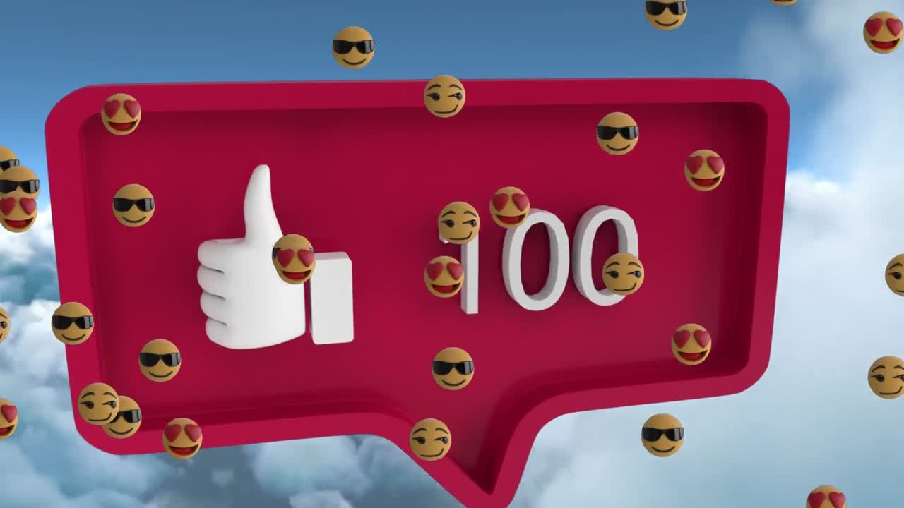 Kırmızı afiş üzerindeki beğeni simgesi ve sayılar üzerinde uçuşan emojiler animasyonu