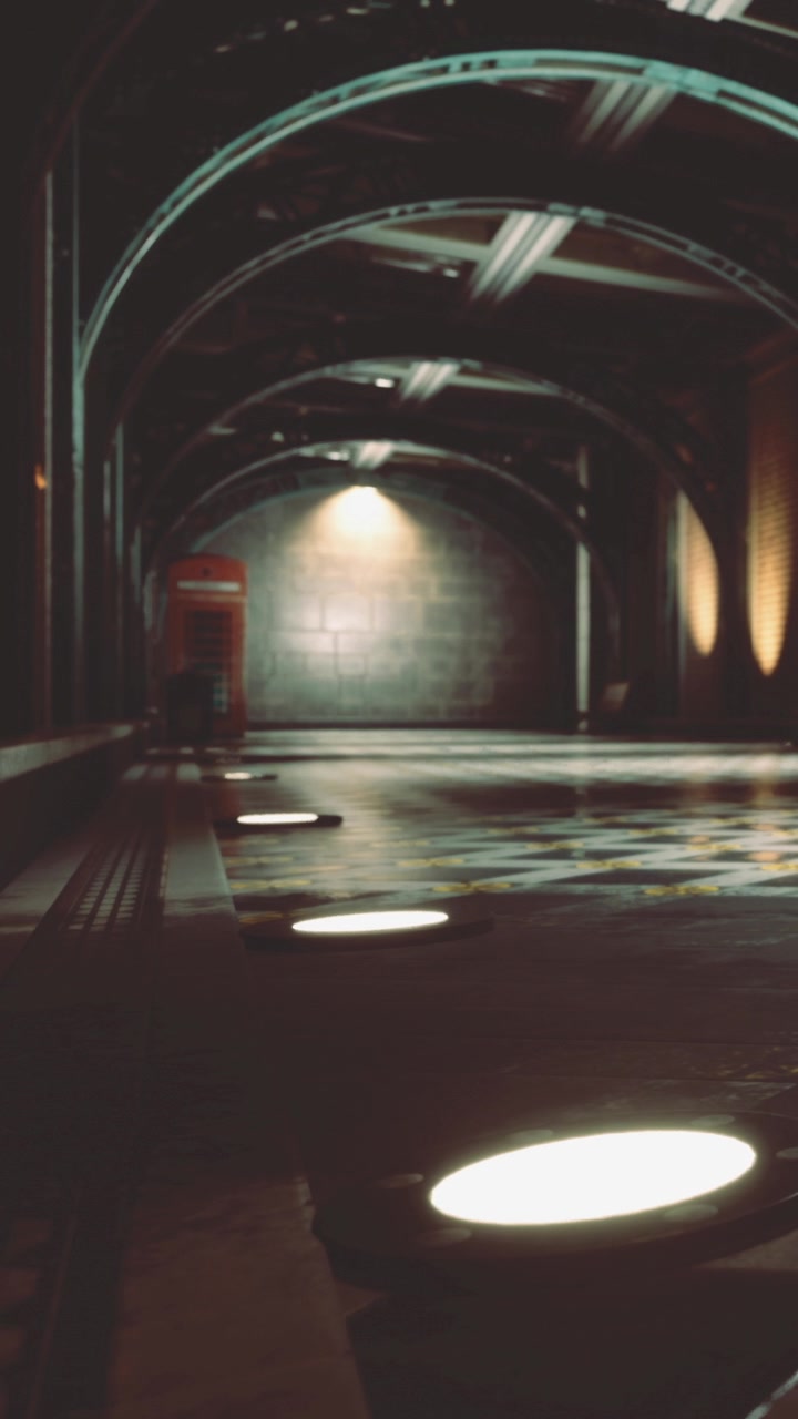 View of an empty underground space with lights and a phone booth