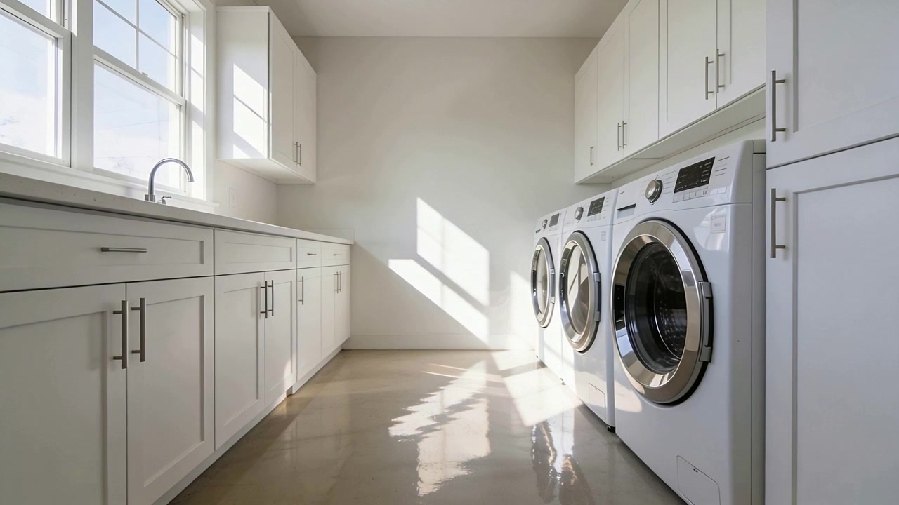 Shifting sunlight crossing laundry floor as sun moves, lighting washer dryer, copy space