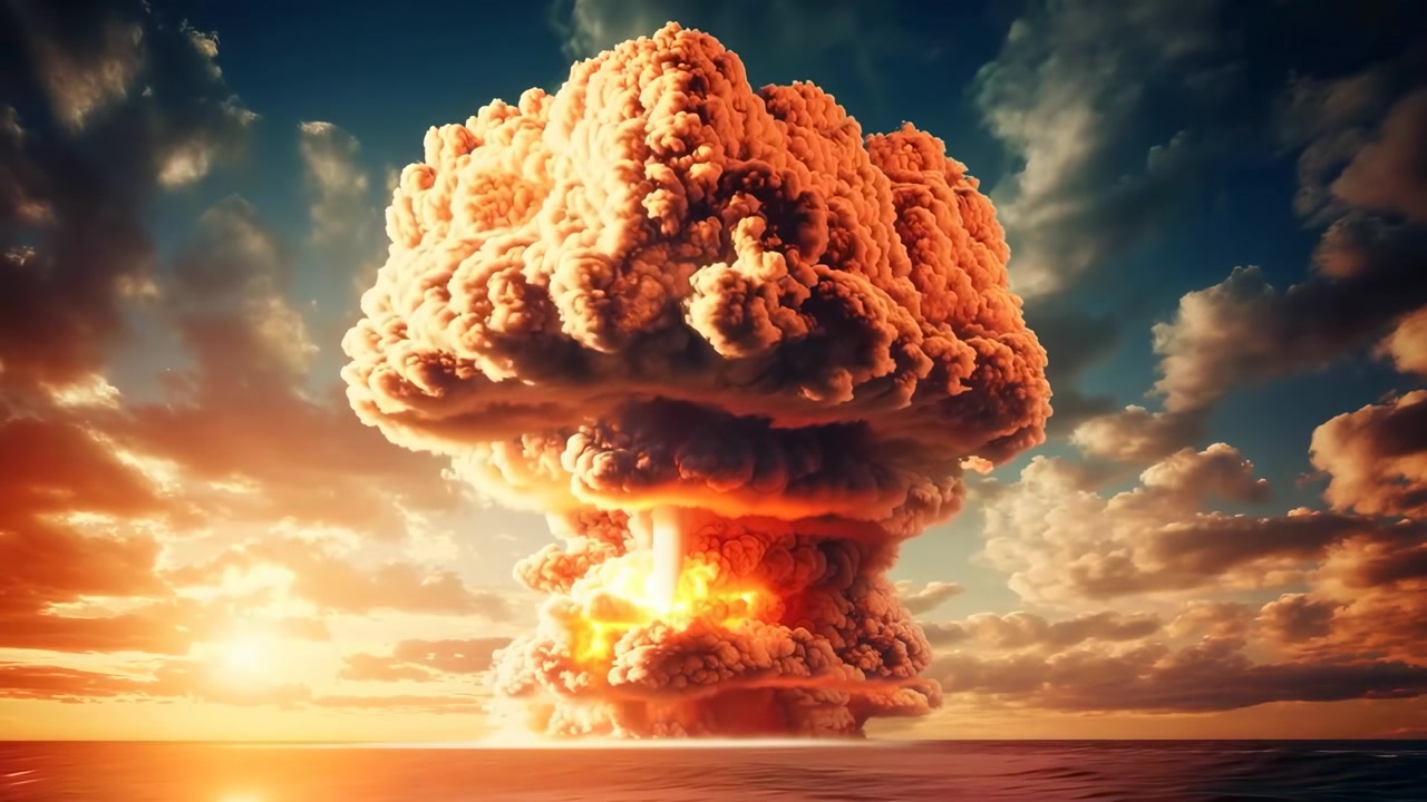Massive Mushroom Cloud Explosion Over Desert Landscape