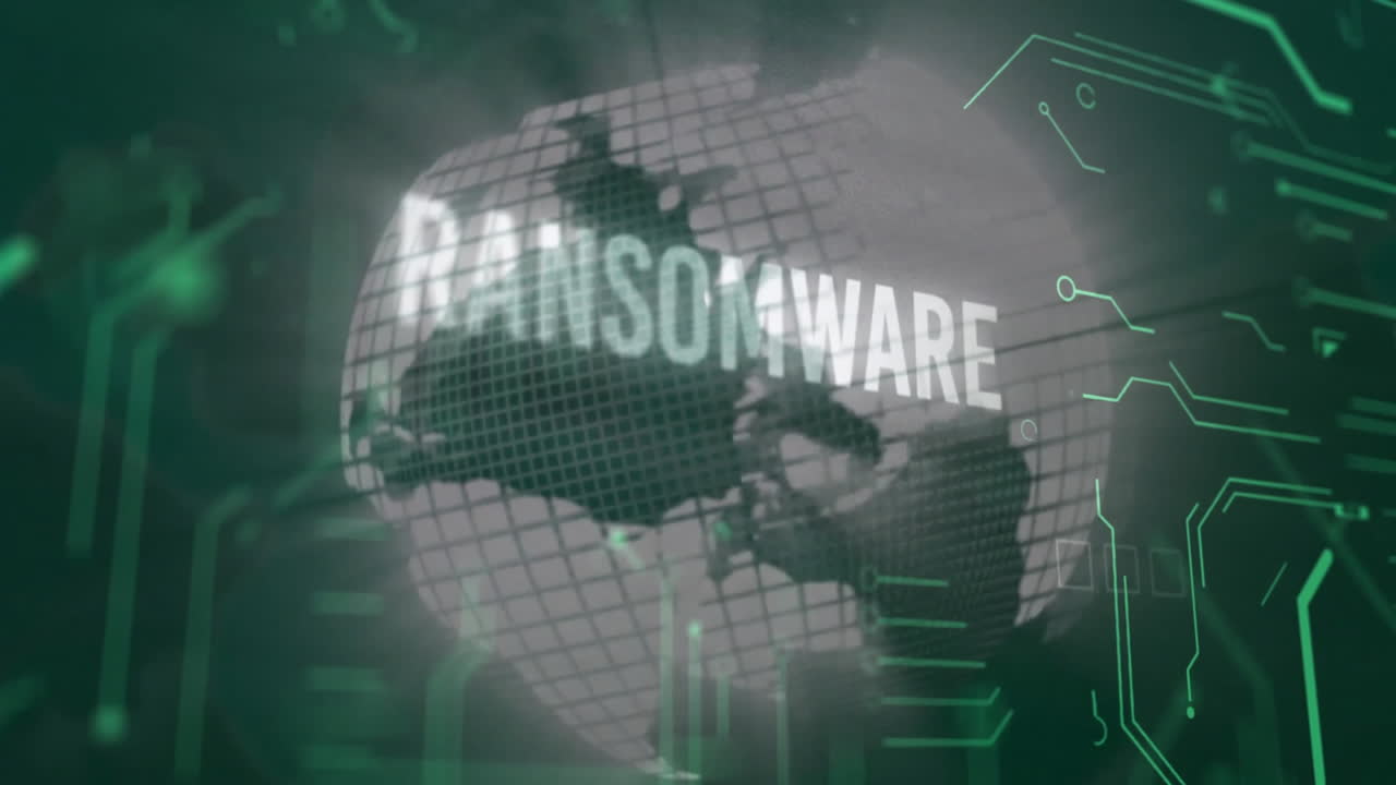 Glowing ransomware text crossing wireframe globe, floating binary code and digital squares