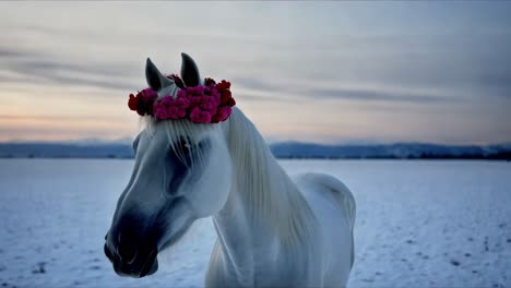 white horse with flower crown in winter landscape