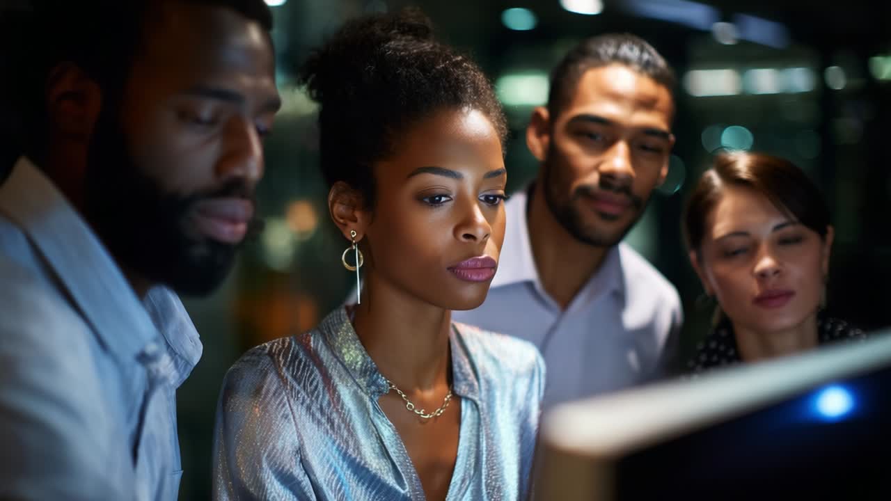 A group of diverse professionals engaging intensely with a computer screen, showcasing teamwork and collaboration in a modern office setting, where focus and concentration are key elements in their discussion