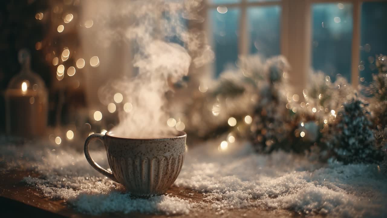 A Cozy Scene with a Steaming Mug of Hot Beverage Surrounded by a Winter Wonderland of Snow and Twinkling Lights