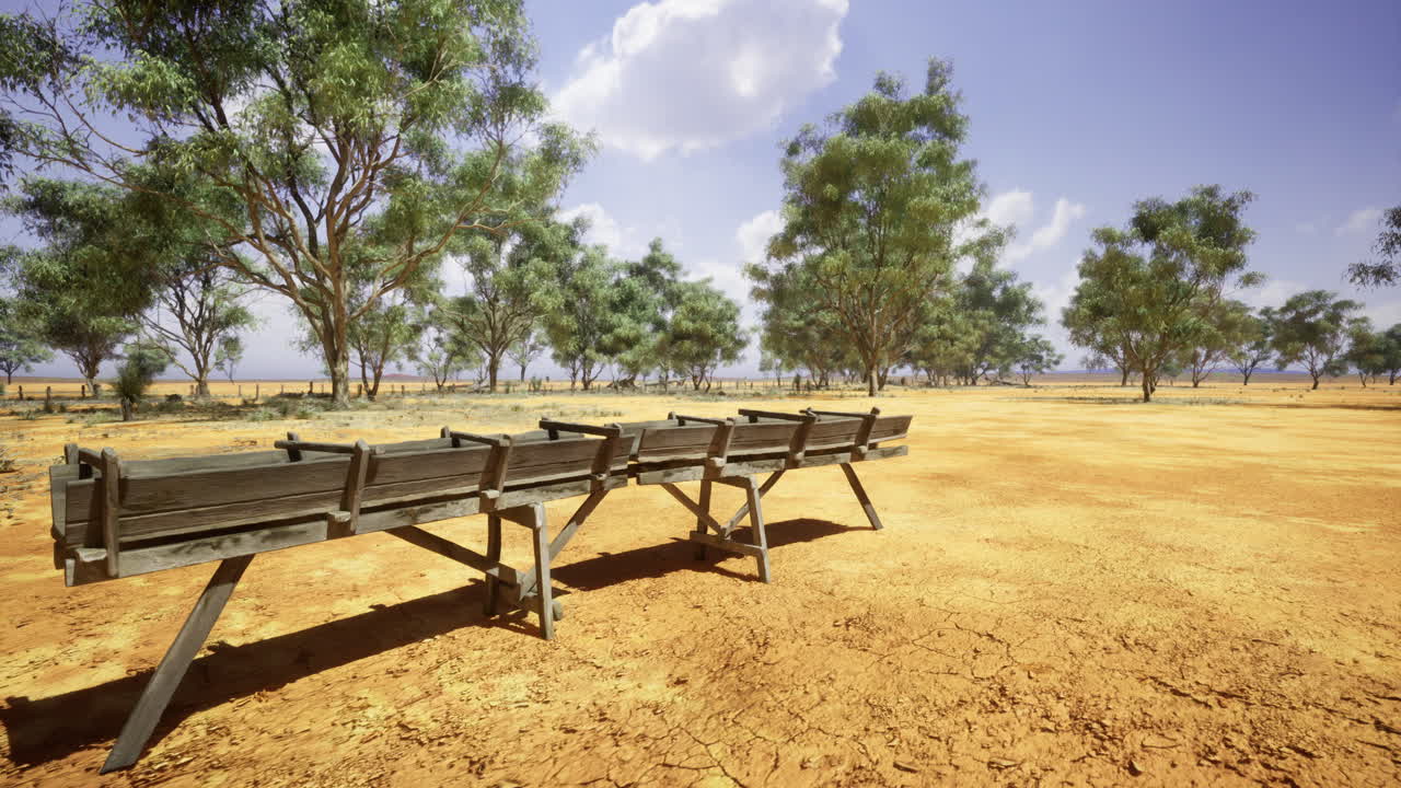 Serene landscape with old wooden benches under the blue sky in nature