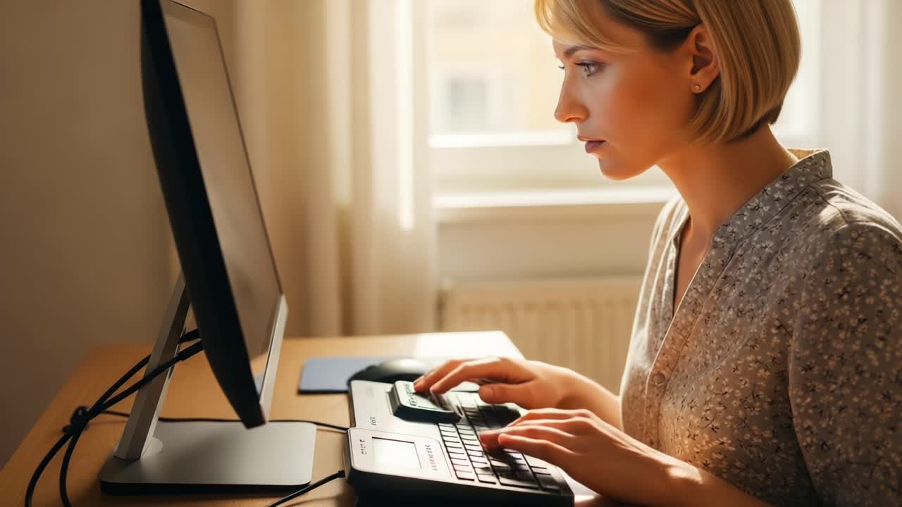Focused Professional Engaged in Work at Computer Station in Bright, Comfortable Workspace with Natural Light and Minimalist Decor