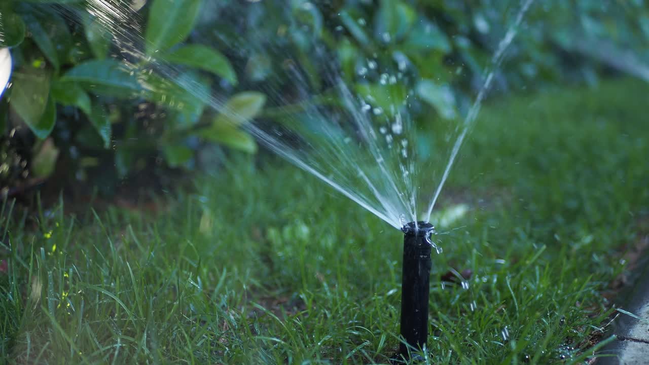 Close-up of a sprinkler watering a green lawn