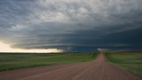 storm shelf cloud drifting closer over beautiful fields and road