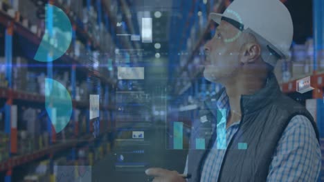 animation of statistics and financial data processing over man working in warehouse
