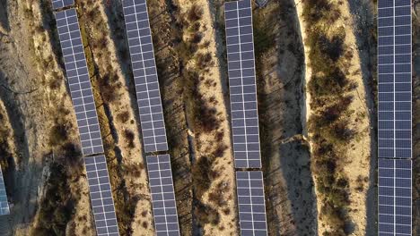 wide top-down view of a large solar farm installed in a dry desert-like are of europe