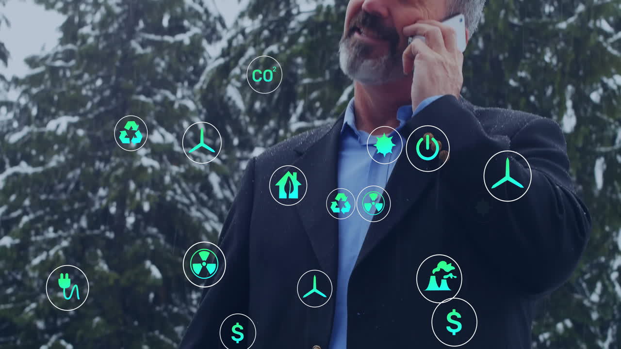 animación de iconos ecológicos sobre hombre caucásico cargando coche eléctrico