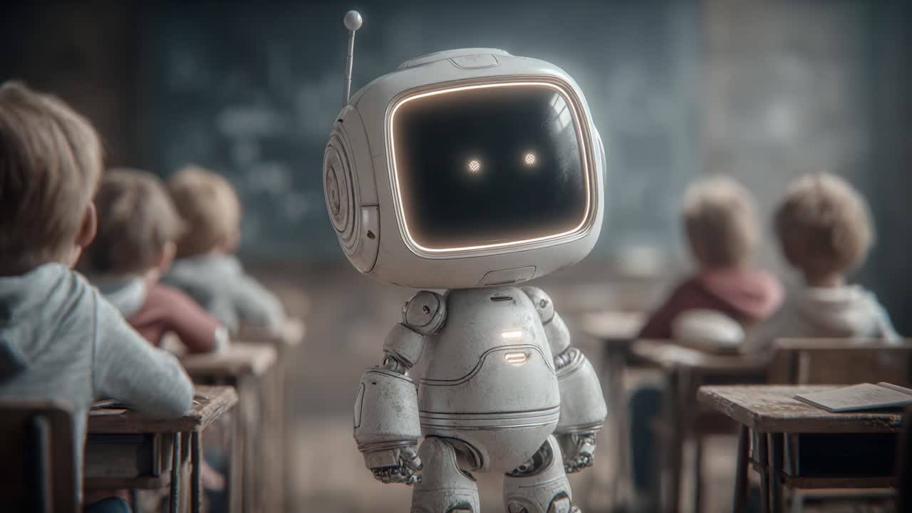 A captivating scene in a classroom where a charming robot stands in front of students, illustrating the fusion of technology and education in a modern learning environment