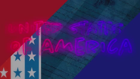 animation of united states of america text, over stars and stripes patterns from american flag