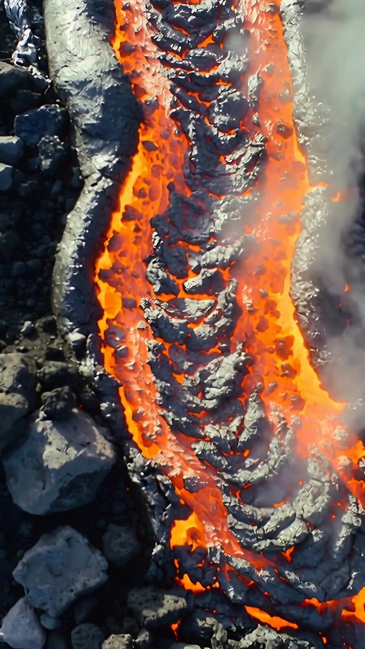 Video verticale: Pressione del magma che spinge il flusso di lava in un campo lavico, sollevando placche crostali, fumante.