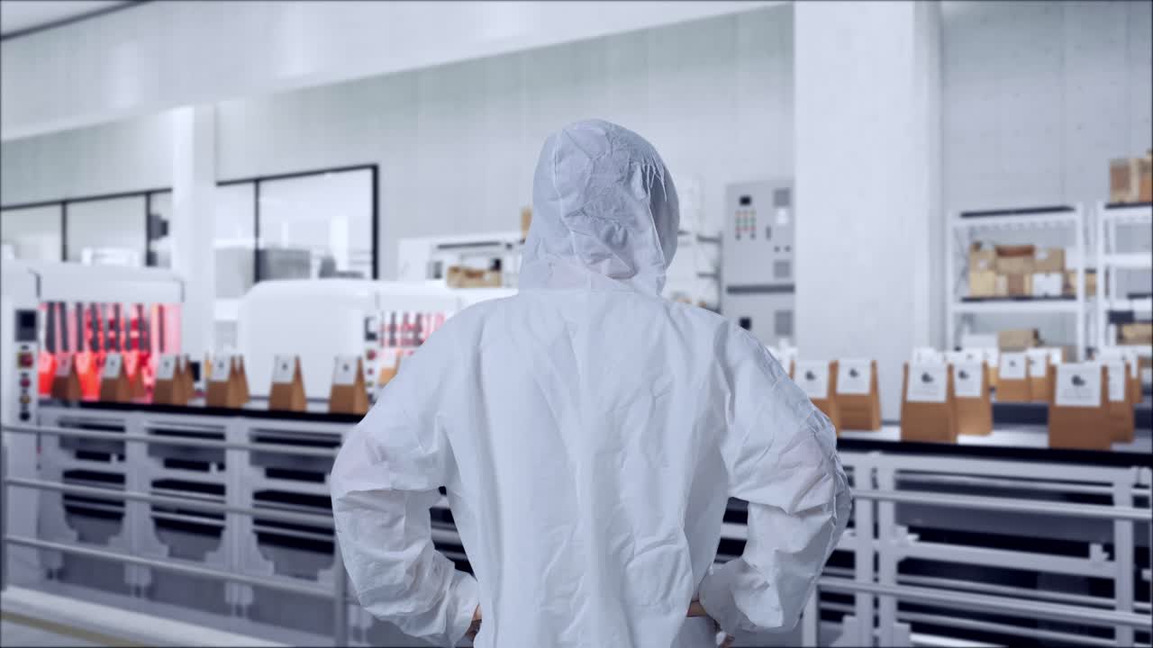 Back View Of Asian Male Scientist Putting Hands On His Hip And Looking Around With Conveyor for Packaging Coffee Beans in Bags at Coffee Factory