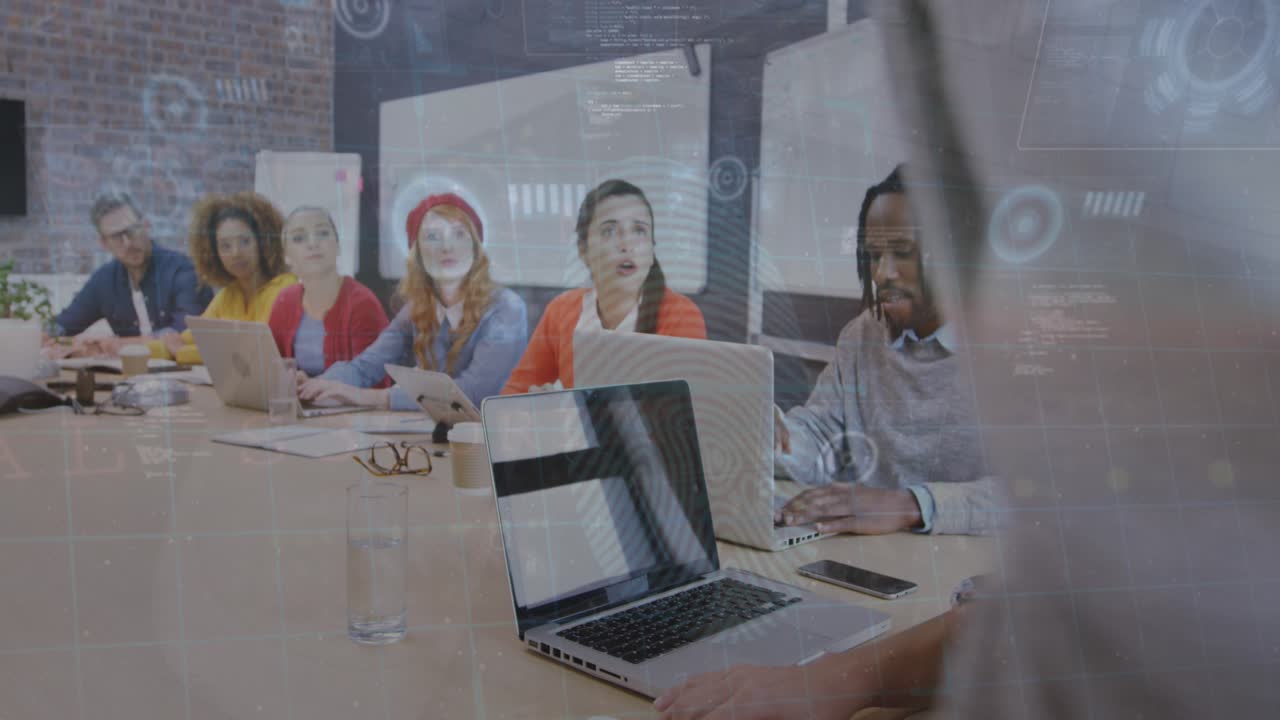 Animation of data processing over business people in office